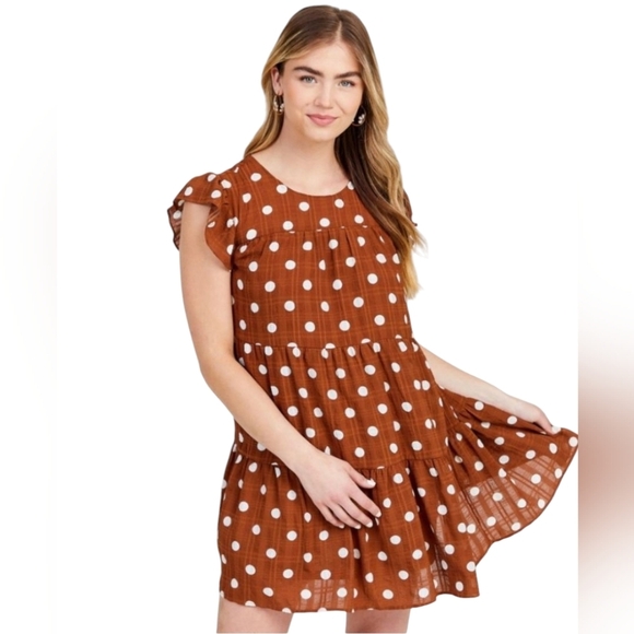 mine Dresses & Skirts - Mine Dress Chocolate Brown and White Flutter Sleeve Mini Sundress Polka Dots